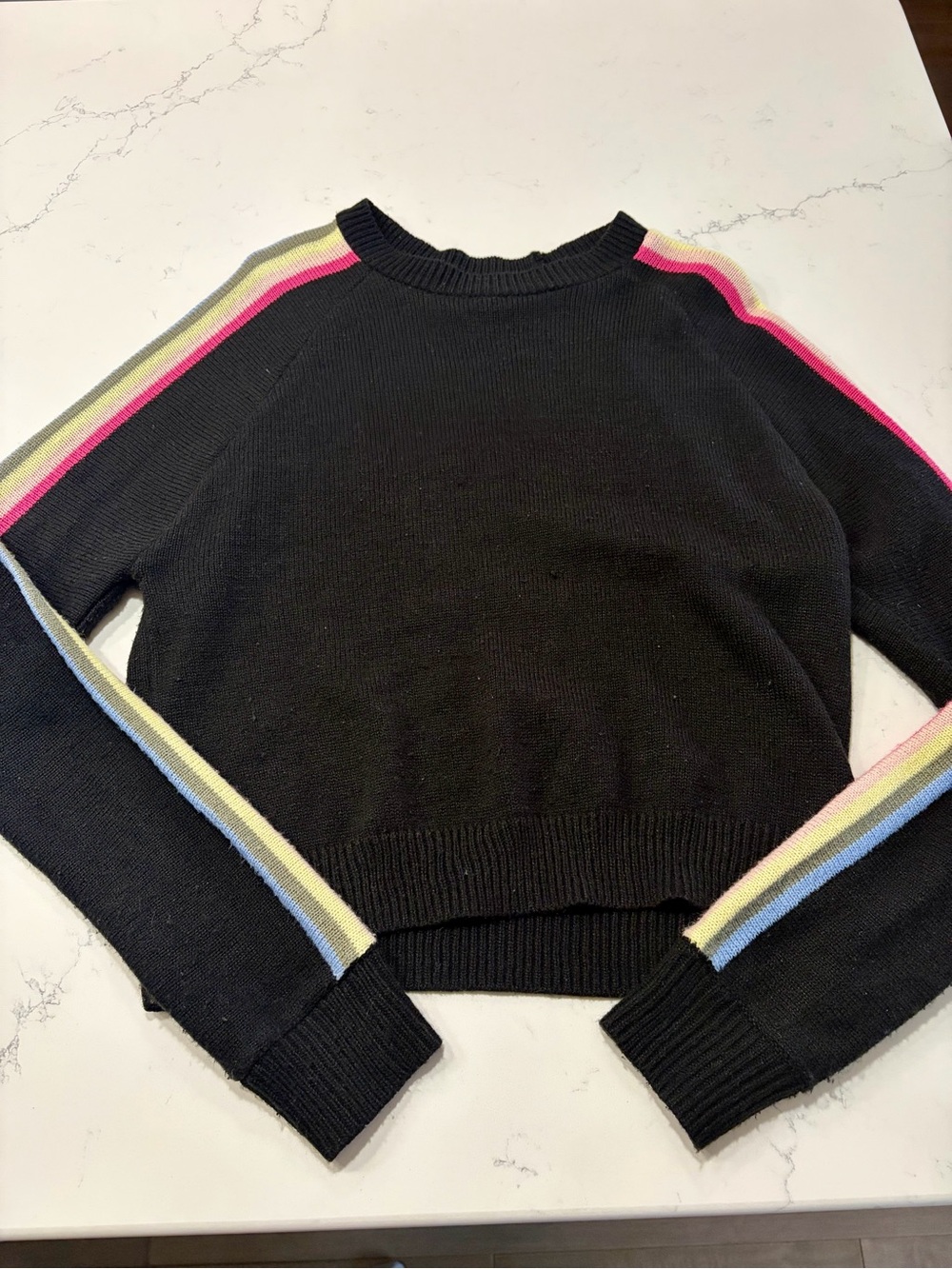 Rue21 Black Crewneck Sweater with Pastel Stripes - Women’s Medium